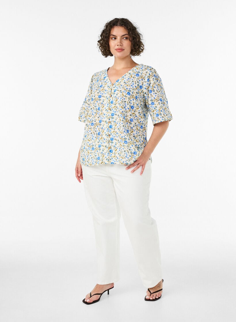 Katoenen shirt met korte mouwen en een V-hals, Blauw, Model