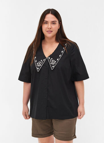 Katoenen blouse met korte mouwen en grote kraag , Black w. White, Model image number 0