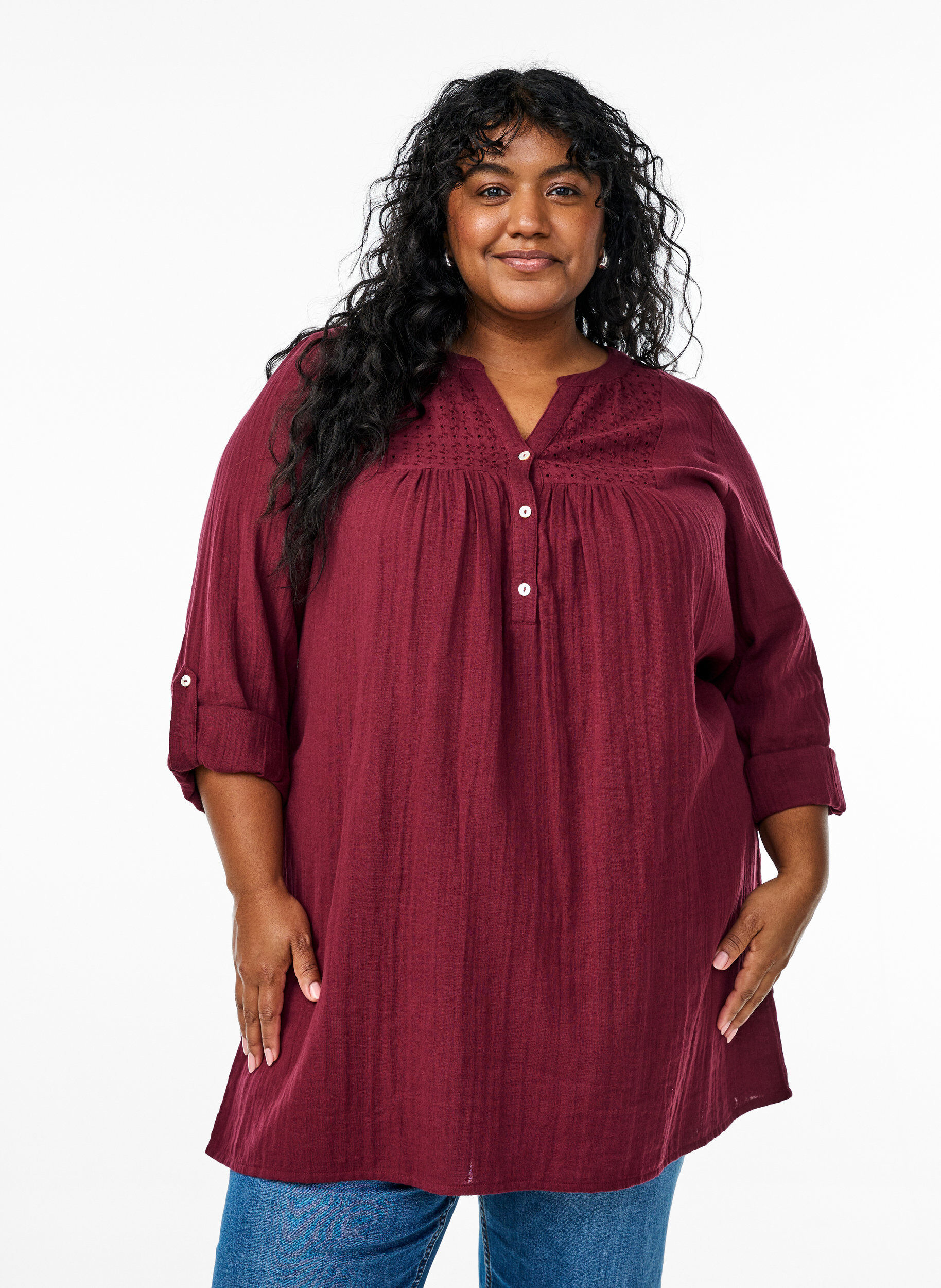 ZizziKatoenen mousseline tuniek met broderie anglaise, Donker Bordeaux, Model image number 0