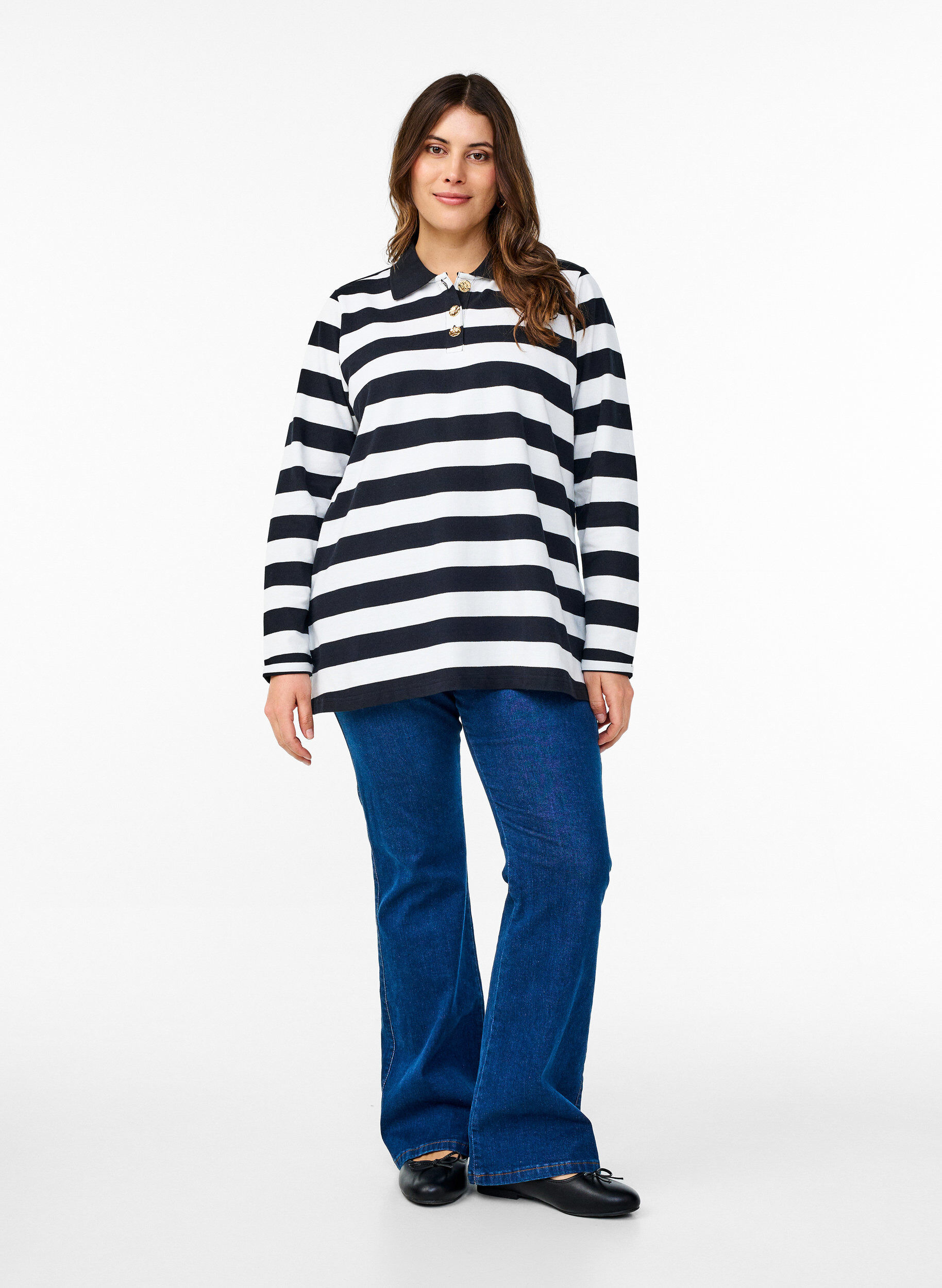 ZizziGestreepte polo met lange mouwen, Zwart, Model image number 1