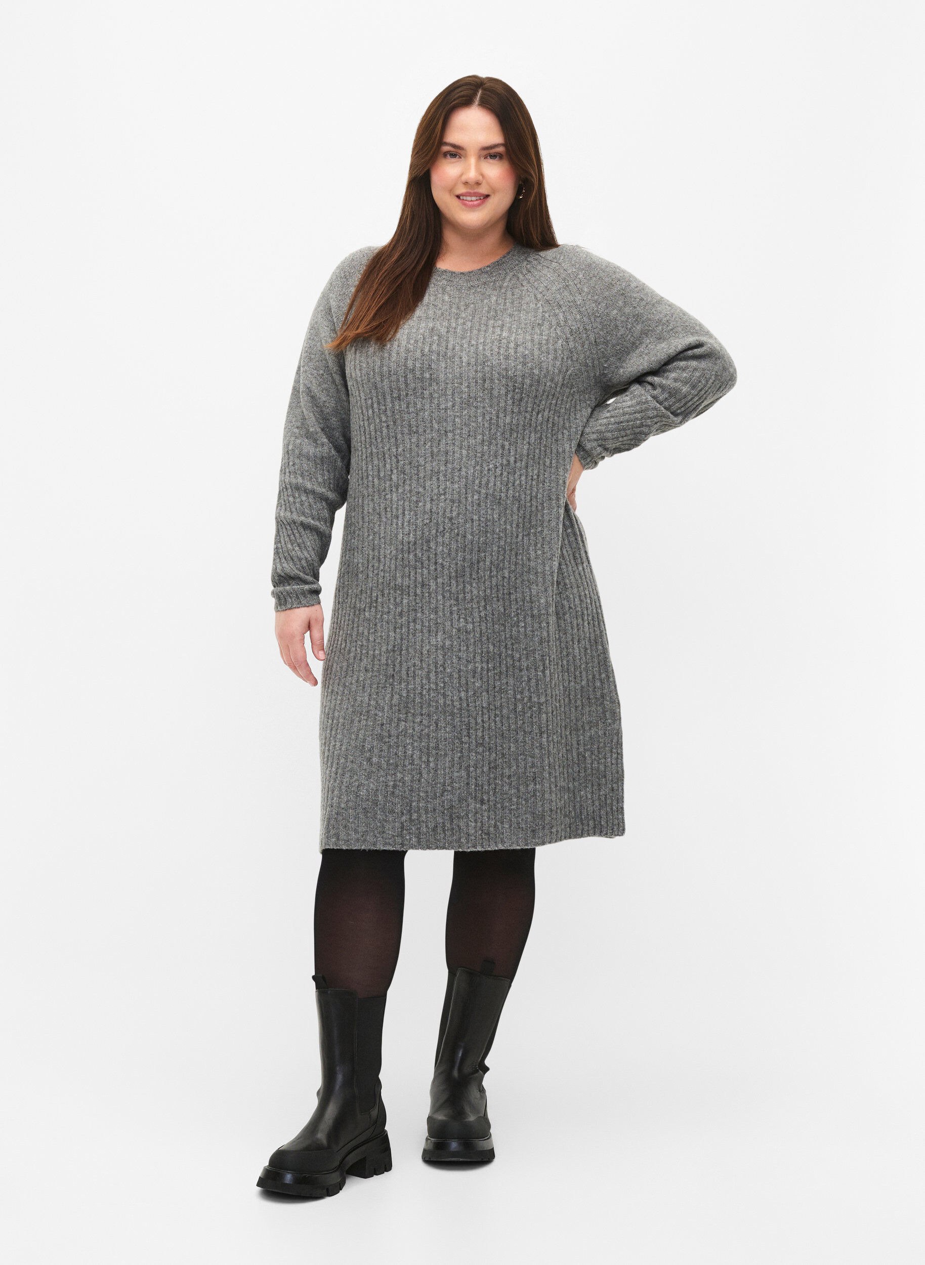ZizziRibgebreide jurk met split, Light Grey Melange, Model image number 2