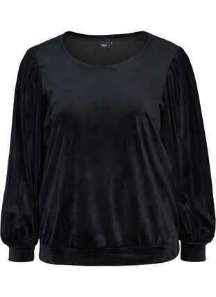 Velours blouse met lange pofmouwen, Black, Packshot image number 0