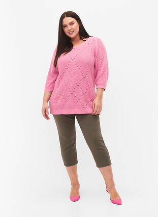 Chemisier en tricot avec manches 3/4 et motif de dentelle, Begonia Pink, Model image number 3