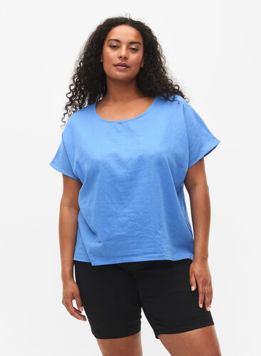 Katoenen blouse met korte mouwen van katoenmix met linnen, Ultramarine, Model image number 0