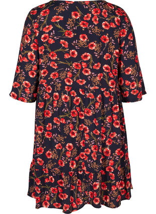 Viscose jurk met bloemenprint en 3/4 mouwen, Black Poppy Flower, Packshot image number 1
