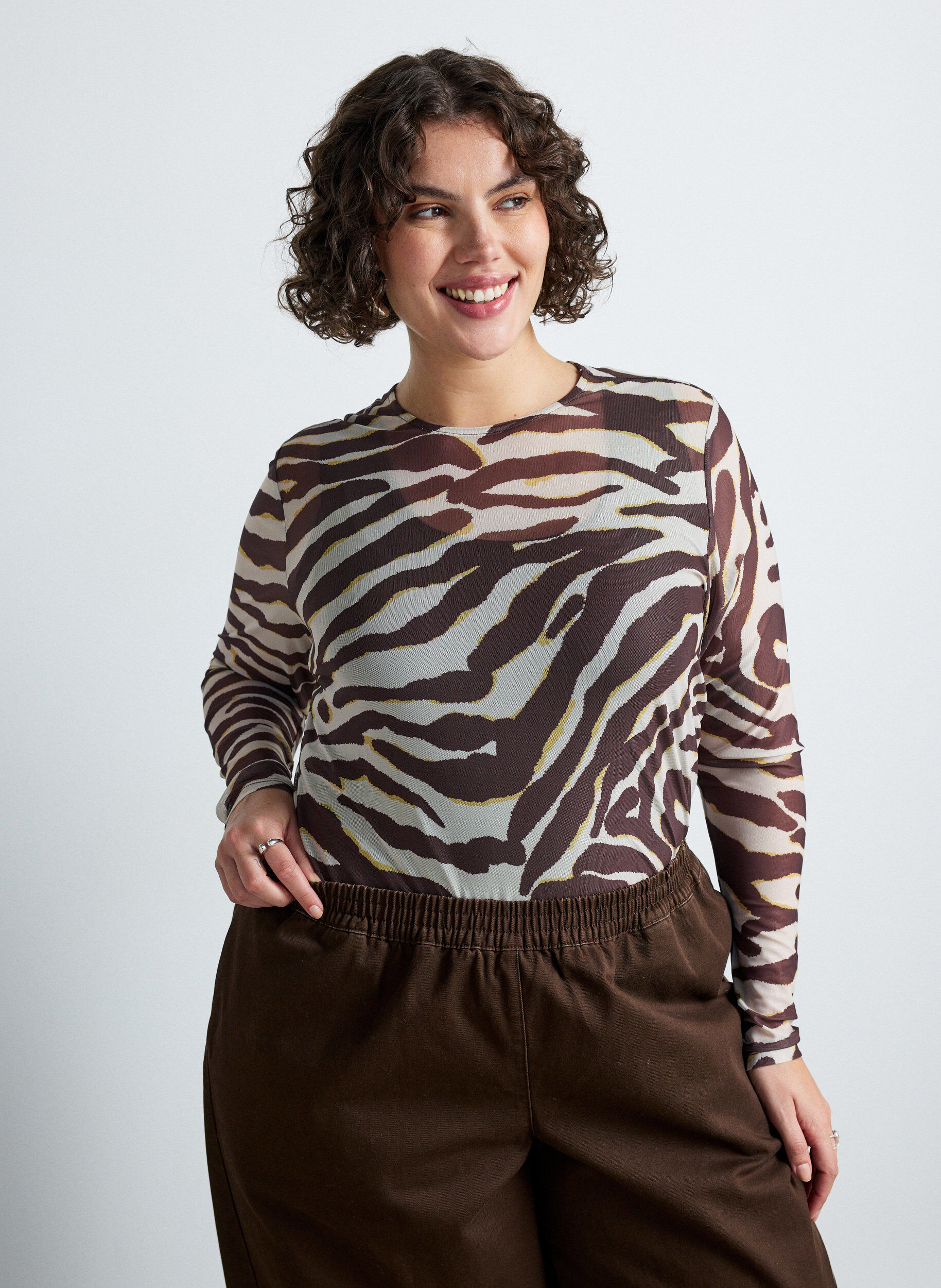 ZizziMesh blouse met print, Bruin, Model image number 0