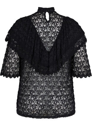 Kanten blouse met ruches en 2/4 mouwen, Black, Packshot image number 1