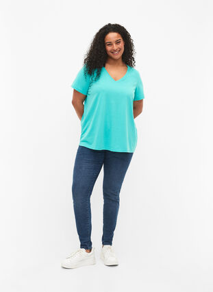 T-shirt met korte mouwen en v-hals, Turquoise, Model image number 2