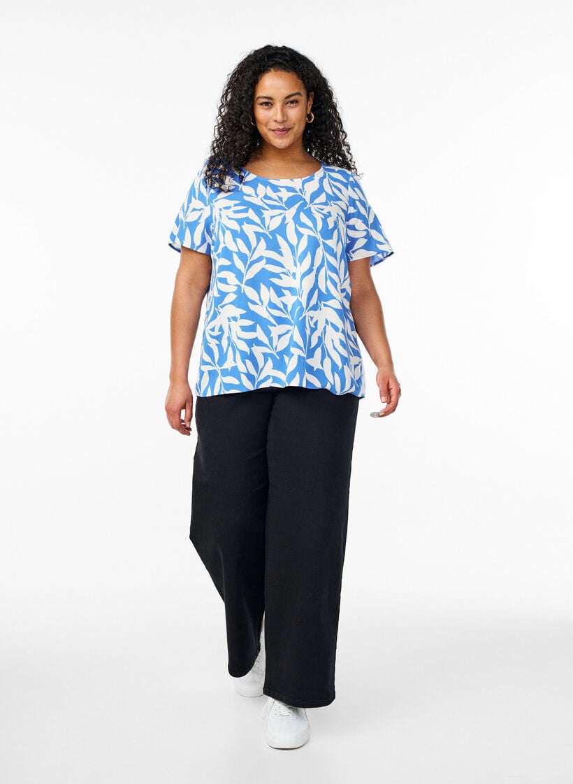 FLASH - Viscose blouse met korte mouwen en print, Blauw, Model image number 1