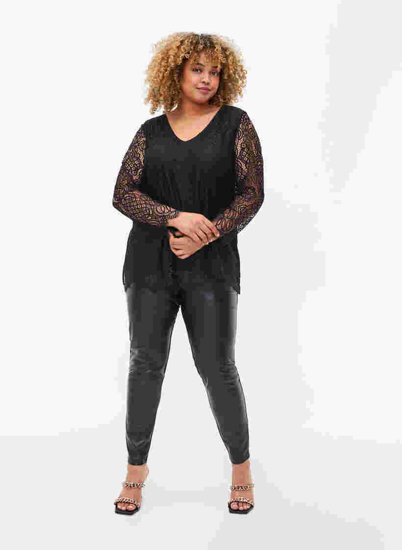 Kanten blouse met lange mouwen en v-hals, Black, Model image number 2