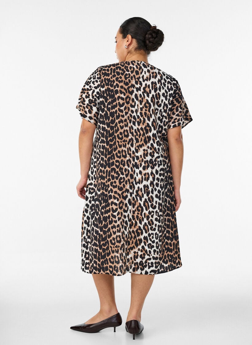 Robe &agrave; col en V en viscose, Marron, Model image number 1