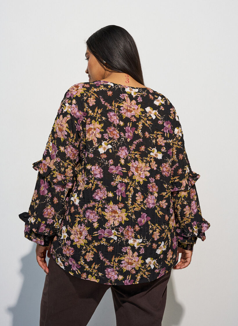 Blouse avec imprim&eacute; floral et volants, Noir, Model image number 2