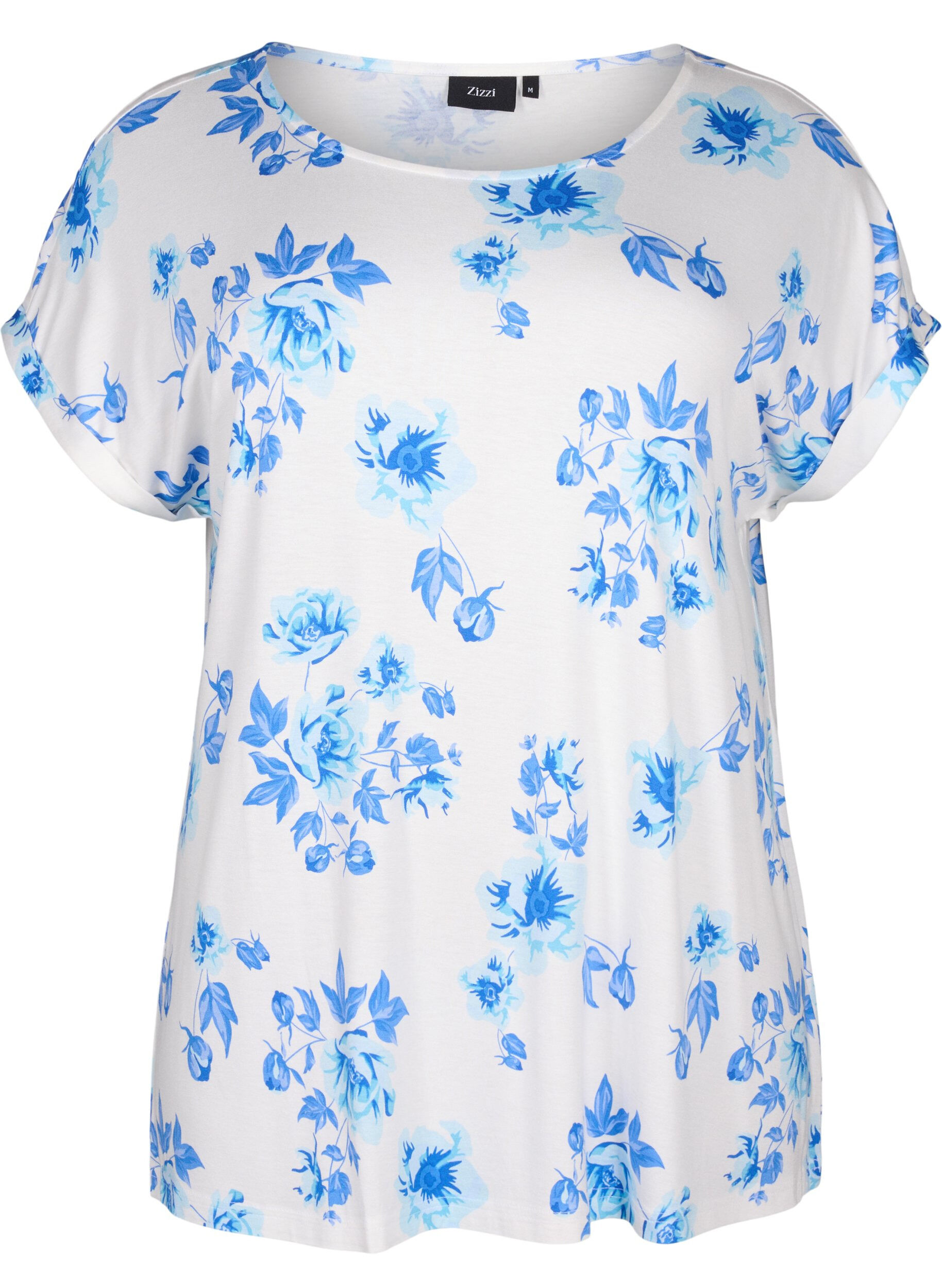 ZizziViscose blouse met korte mouwen en bloemen, White Blue AOP, Packshot image number 0