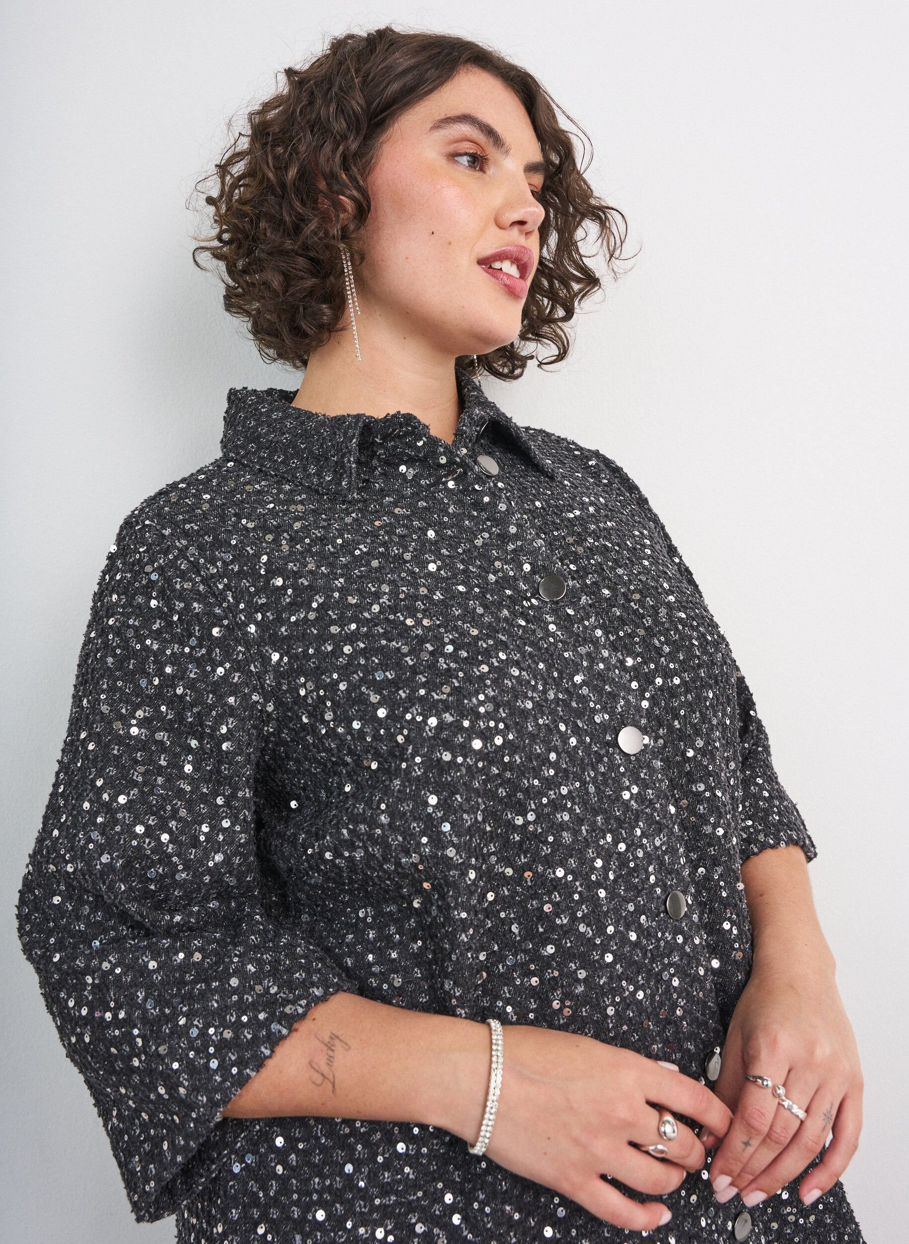 ZizziRobe en denim avec sequins et manches 3/4, Noir, Model image number 3