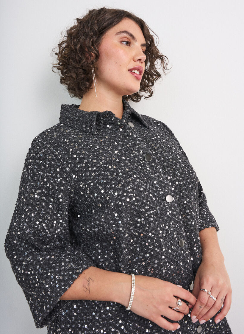 Robe en denim avec sequins et manches 3/4, Noir, Model image number 3