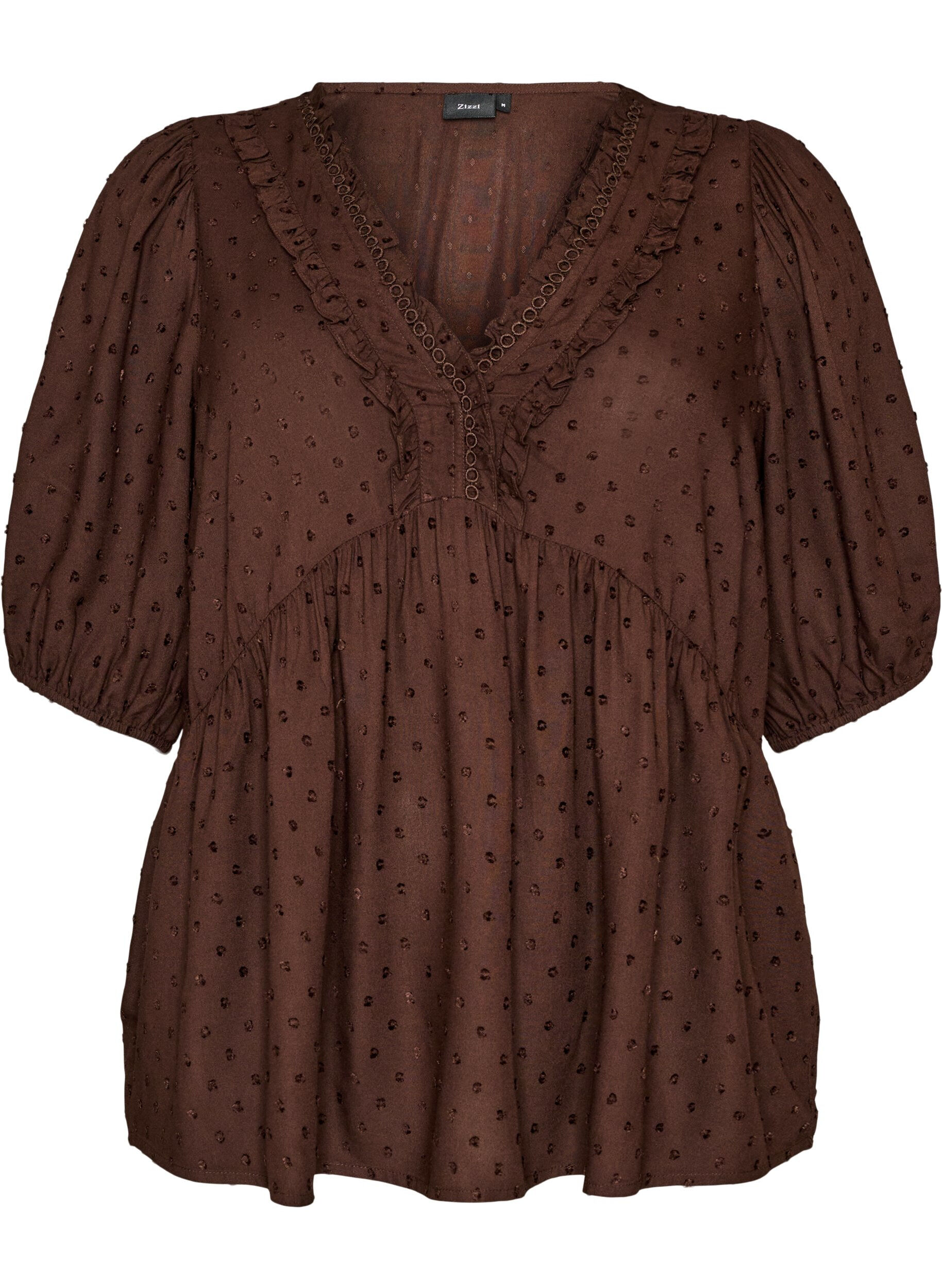 ZizziViscose blouse met een stippenstructuur en V-hals, Bruin, Packshot image number 0