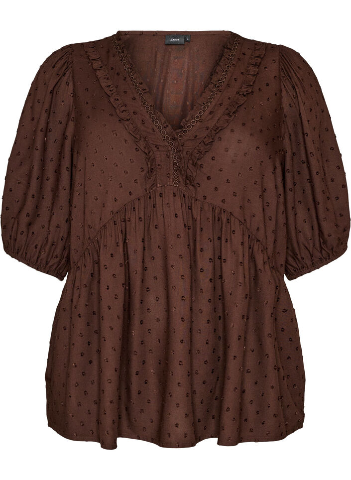 Viscose blouse met een stippenstructuur en V-hals, Bruin, Packshot image number 0