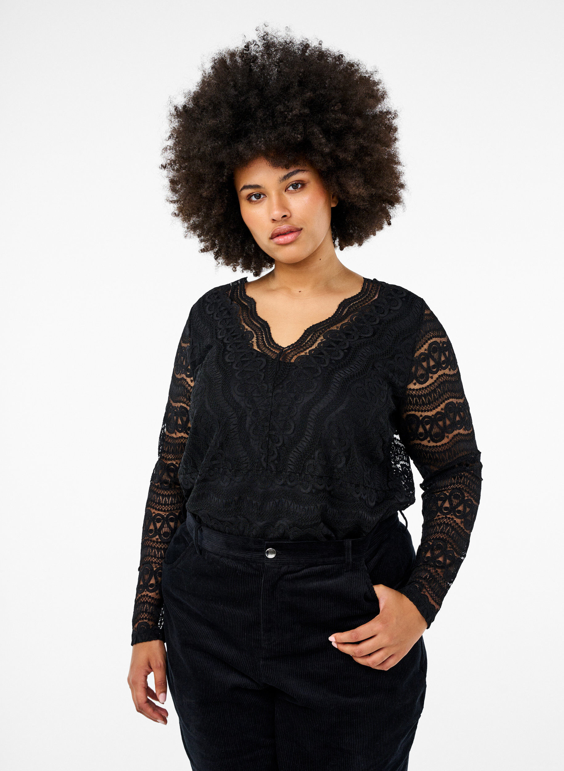 ZizziV-hals kanten blouse met voering, Black, Model image number 0