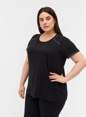 Katoenen t-shirt met korte mouwen en klinknagels, Black, Model image number 0