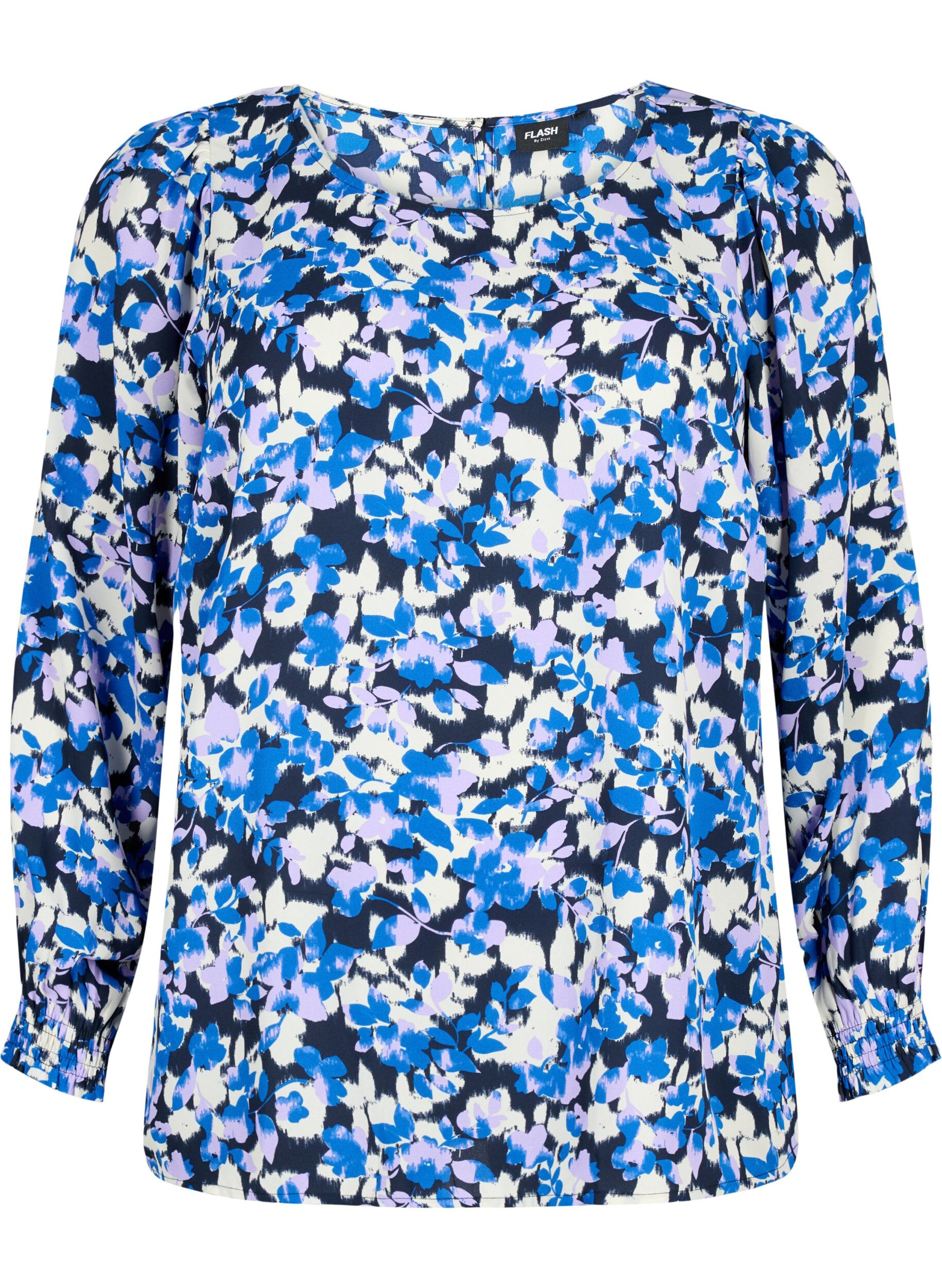 ZizziFLASH - Blouse met lange mouwen, smok en print, Blue Purple Flower, Packshot image number 0