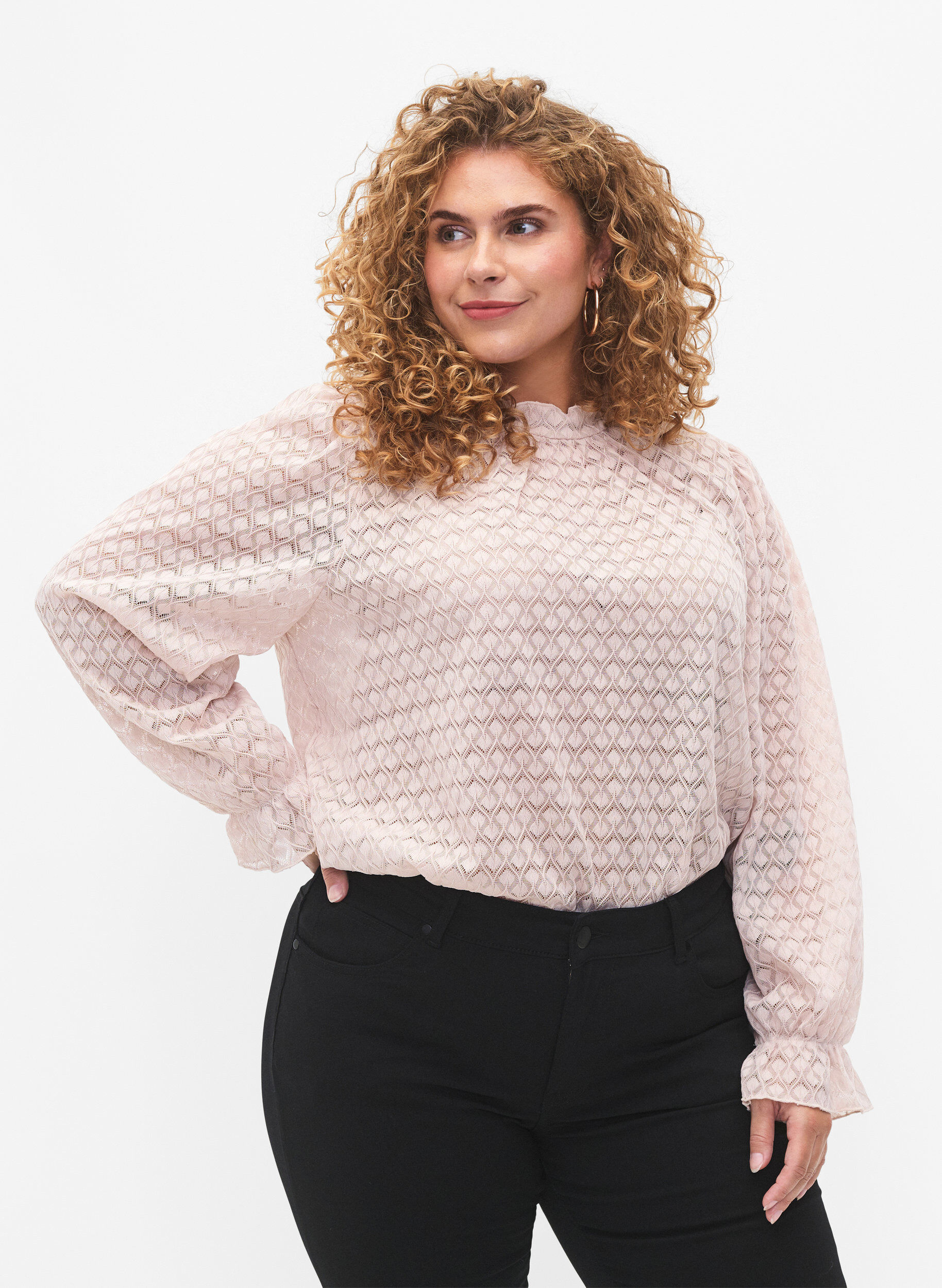 ZizziBlouse met lange mouwen en gedessineerde textuur, Whisper Pink, Model image number 0
