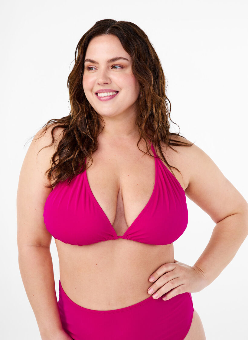 Haut de bikini forme triangle de couleur unie, Rose, Model image number 0