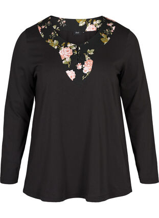 Katoenen pyjama top met lange mouwen, Black w. Flower, Packshot image number 0