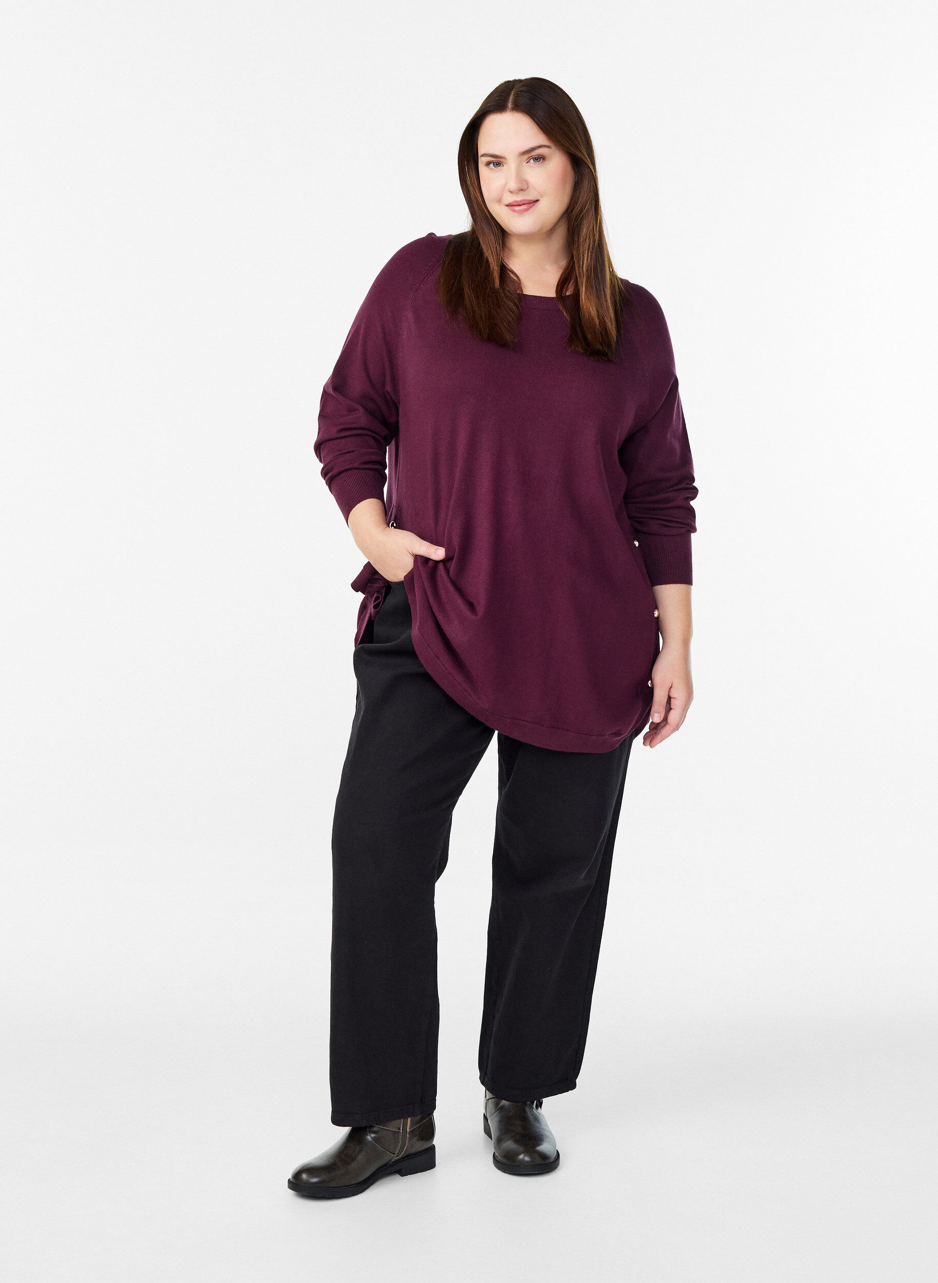 ZizziGebreide blouse met knoopjes aan de zijkant, Rood, Model image number 1