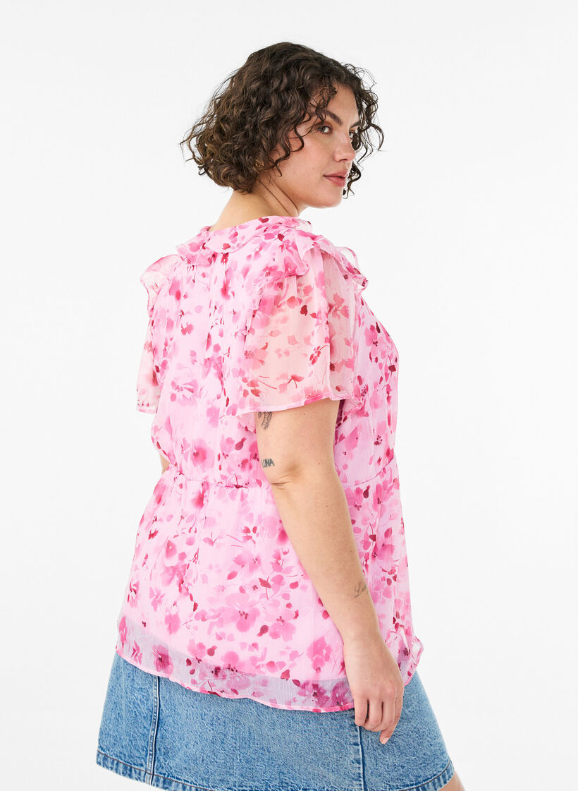 Bloemenblouse met rucheskraag en peplum effect, Roze, Model image number 2