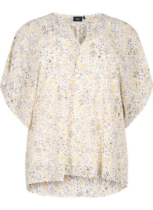 Bedrukte blouse met strikkoord en korte mouwen, Icicle Flower AOP, Packshot image number 0