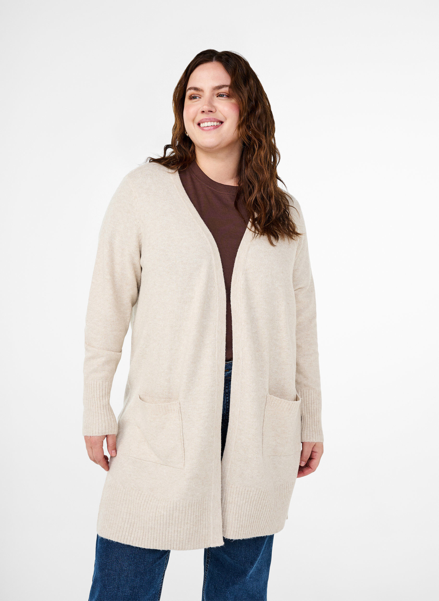 ZizziGeribd gebreid vest met zakken, Beige, Model image number 0