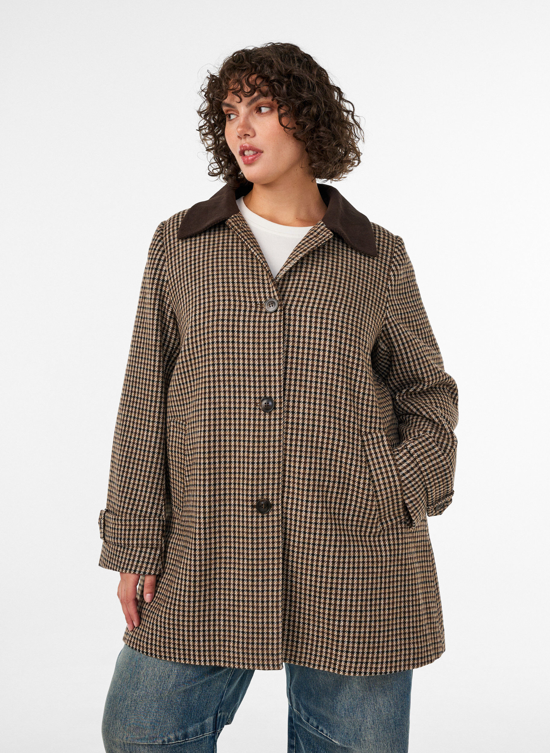Geruite jas met corduroy kraag, Bruin, Model