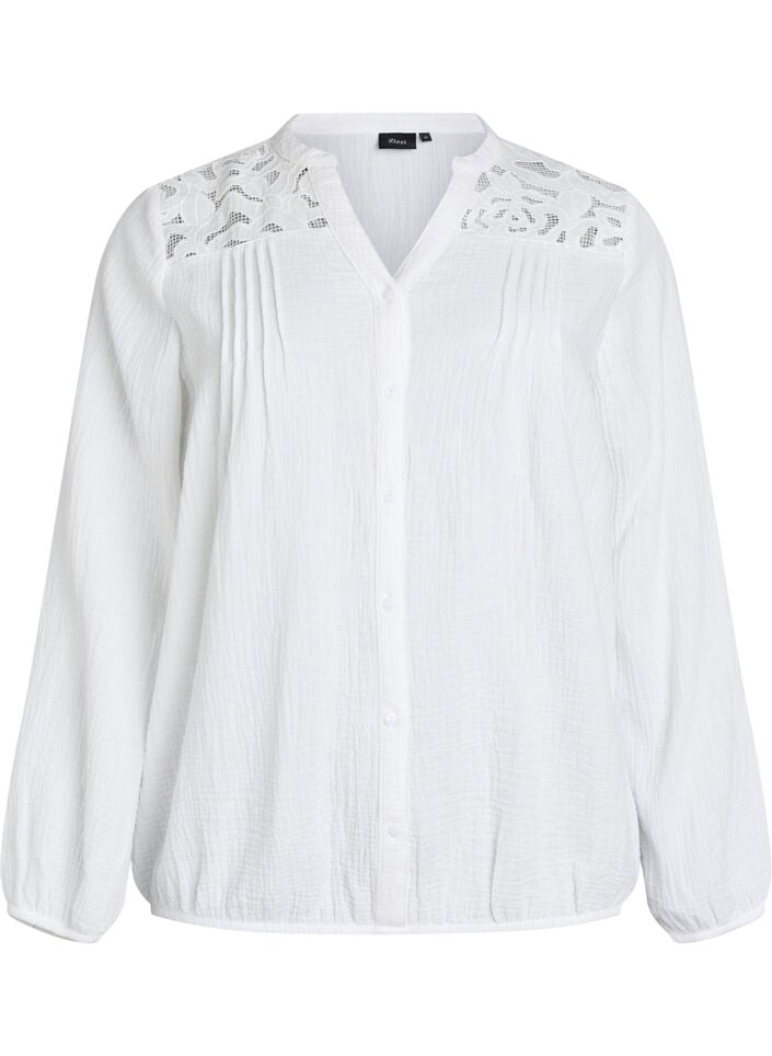 Blouse en mousseline de coton avec d&eacute;tails brod&eacute;s, Blanc, Packshot image number 0