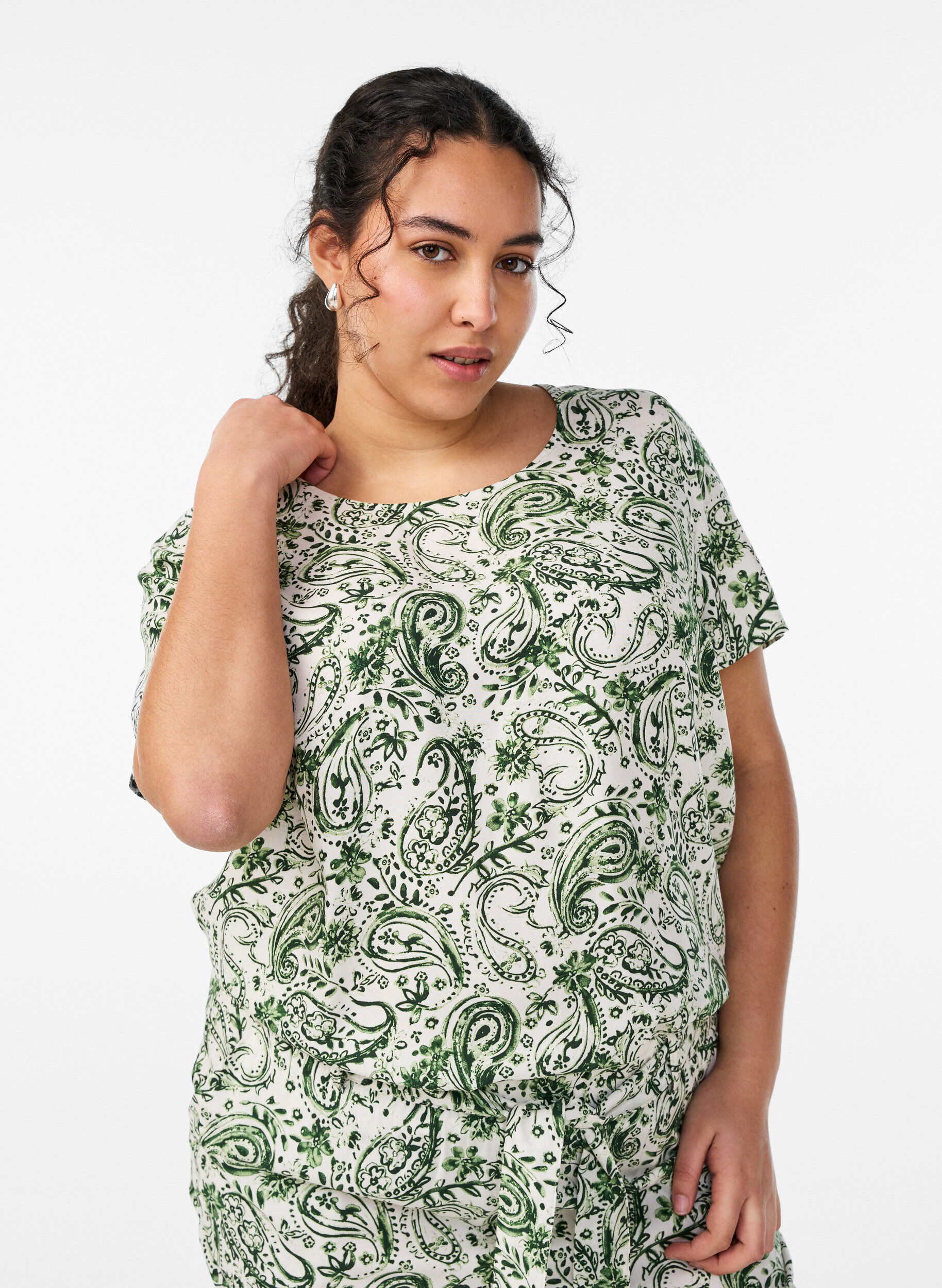 Viscose blouse met korte mouwen en print, Groen, Model