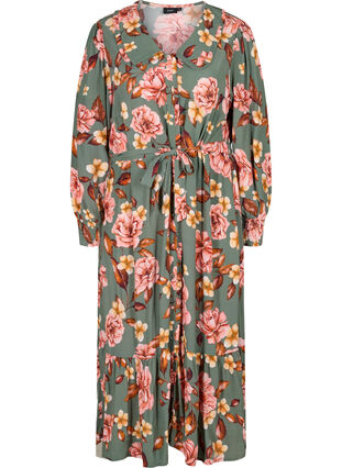 Gebloemde viscose midi-jurk met kraag, Flower AOP, Packshot image number 0