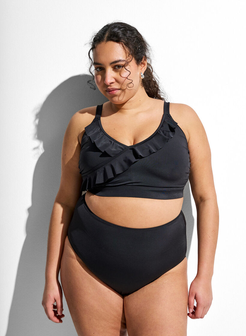 Bas de bikini taille haute uni, Noir, Model image number 0