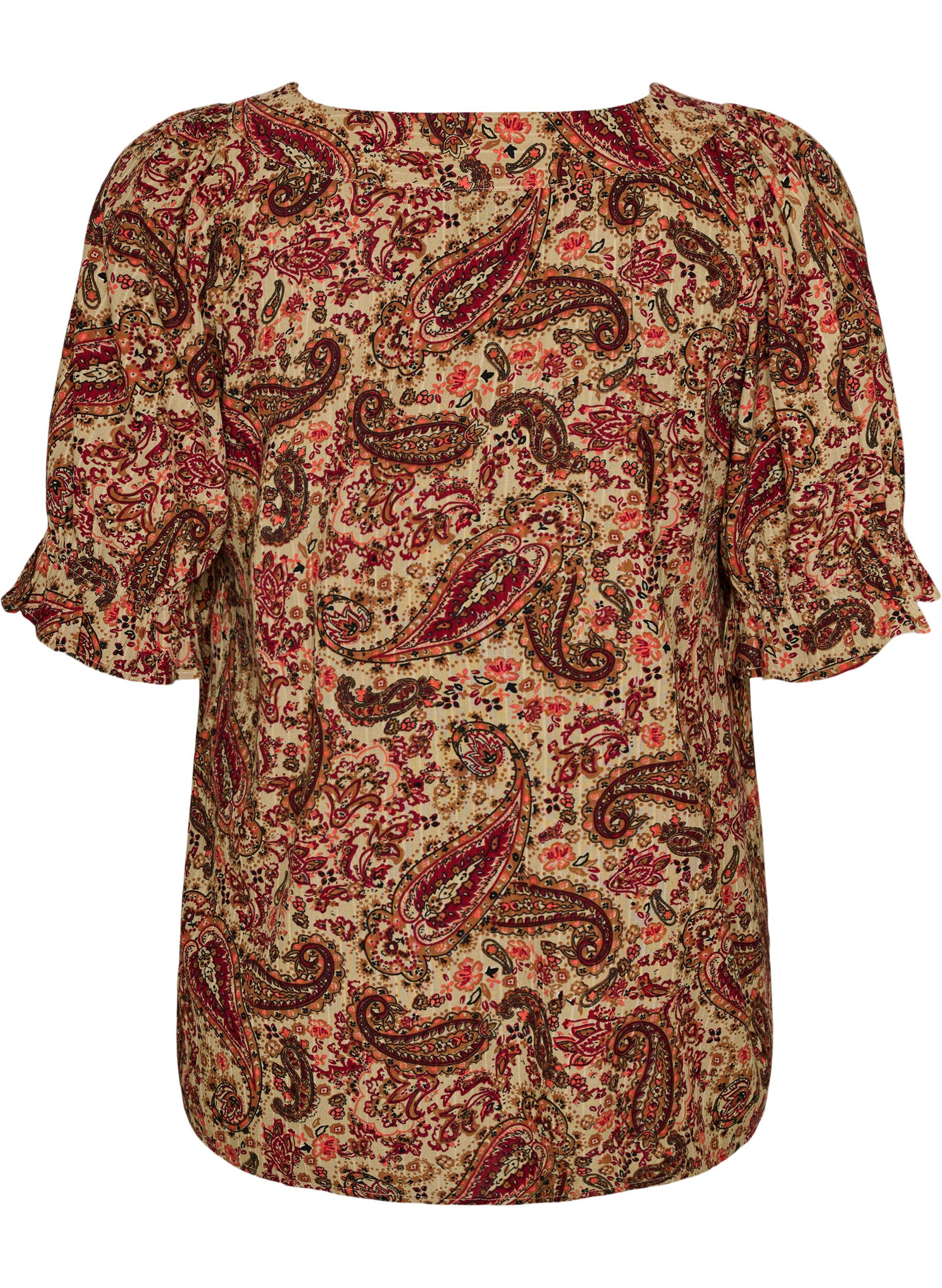 ZizziViscose blouse met paisleymotief en een vierkante halslijn, Bruin, Packshot image number 1