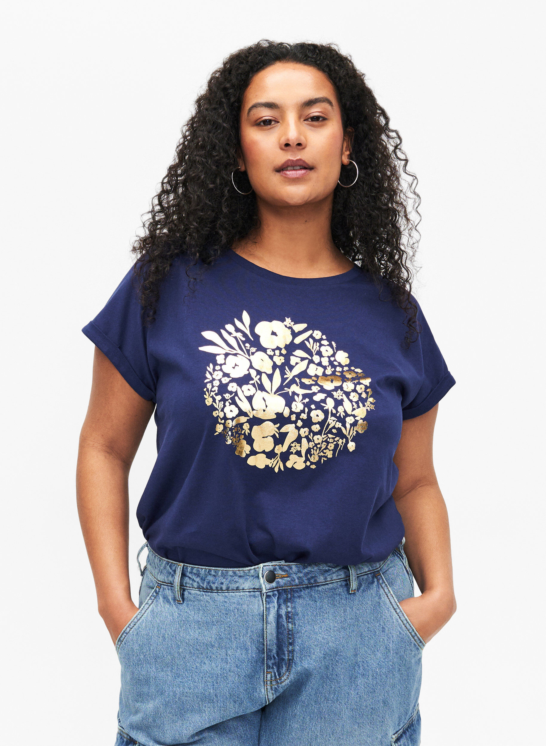 ZizziT-shirt van biologisch katoen met gouden opdruk, Med.Blue Gold Flower, Model image number 0