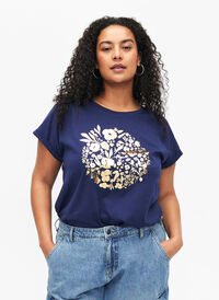 T-shirt en coton biologique avec imprimé doré, Med.Blue Gold Flower, Model