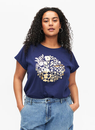 T-shirt van biologisch katoen met gouden opdruk, Med.Blue Gold Flower, Model image number 0