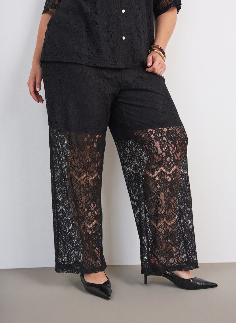 Kanten broek met rechte pijpen en een binnenbroekje, Zwart, Model image number 2
