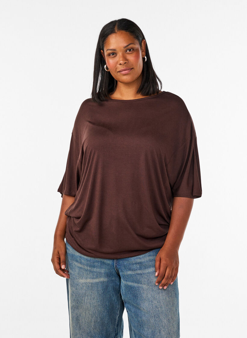 T-shirt ample en jersey de viscose, Marron, Model image number 0
