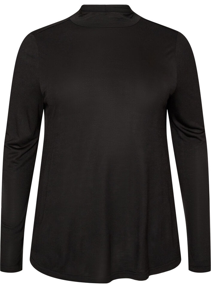 Blouse met hoge hals in viscose jersey, Zwart, Packshot image number 0