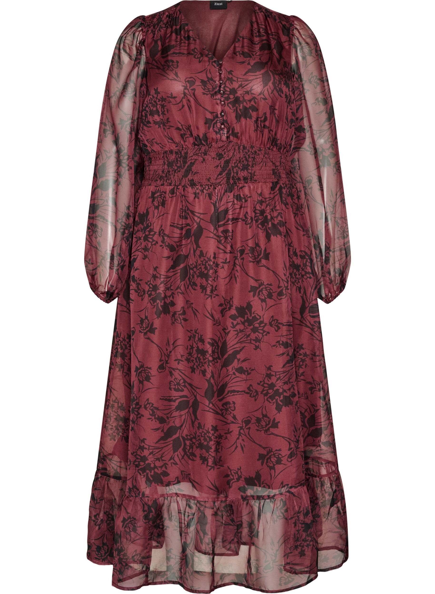 ZizziMaxi-jurk met bloemenprint en smokwerk, Donker Bordeaux, Packshot image number 0