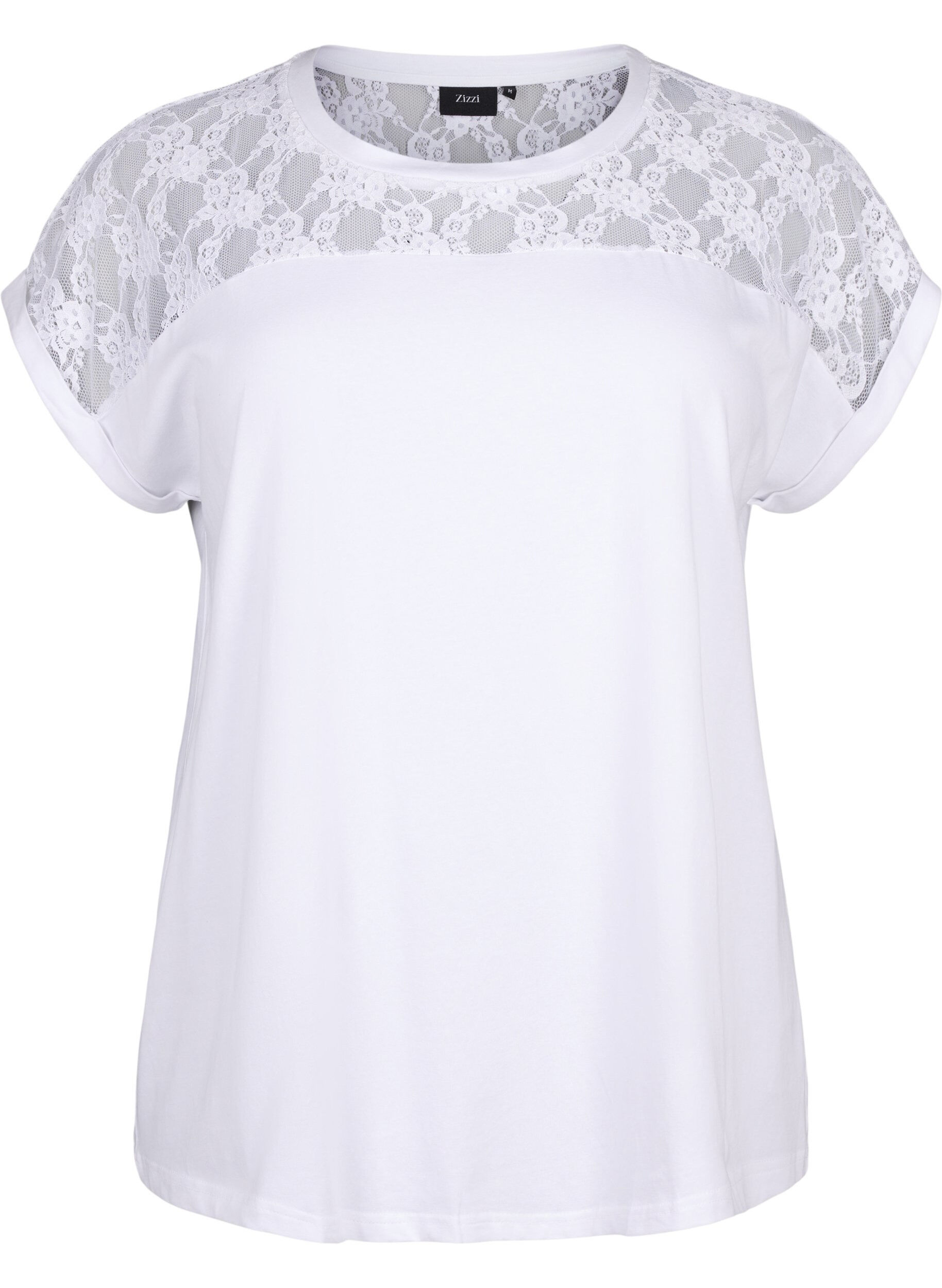 Zizzi T-shirt en coton &agrave; manches courtes avec dentelle, Bright White, Packshot image number 0