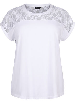 Katoenen T-shirt met korte mouwen en kant, Bright White, Packshot image number 0