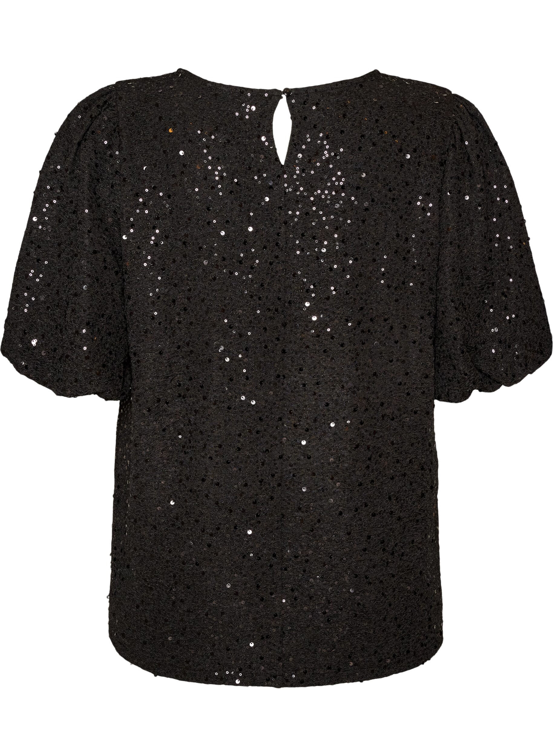 ZizziBlouse &agrave; sequins avec manches ballon, Noir, Packshot image number 1