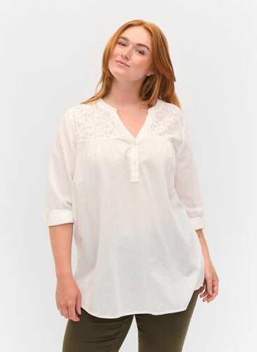 Katoenen blouse met kanten details, Bright White, Model image number 0
