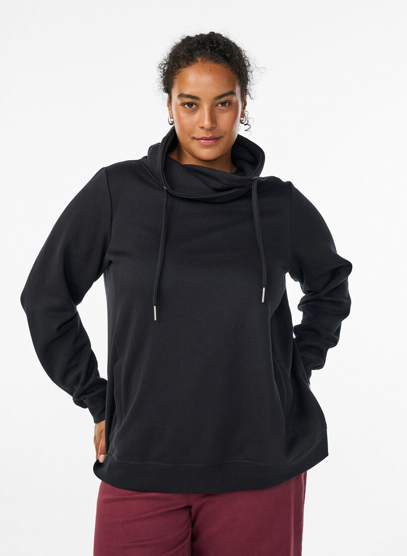 Sweat &agrave; col montant et poches, Noir, Model image number 0