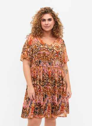Korte jurk met V-hals en print, Colorful Ethnic, Model image number 0